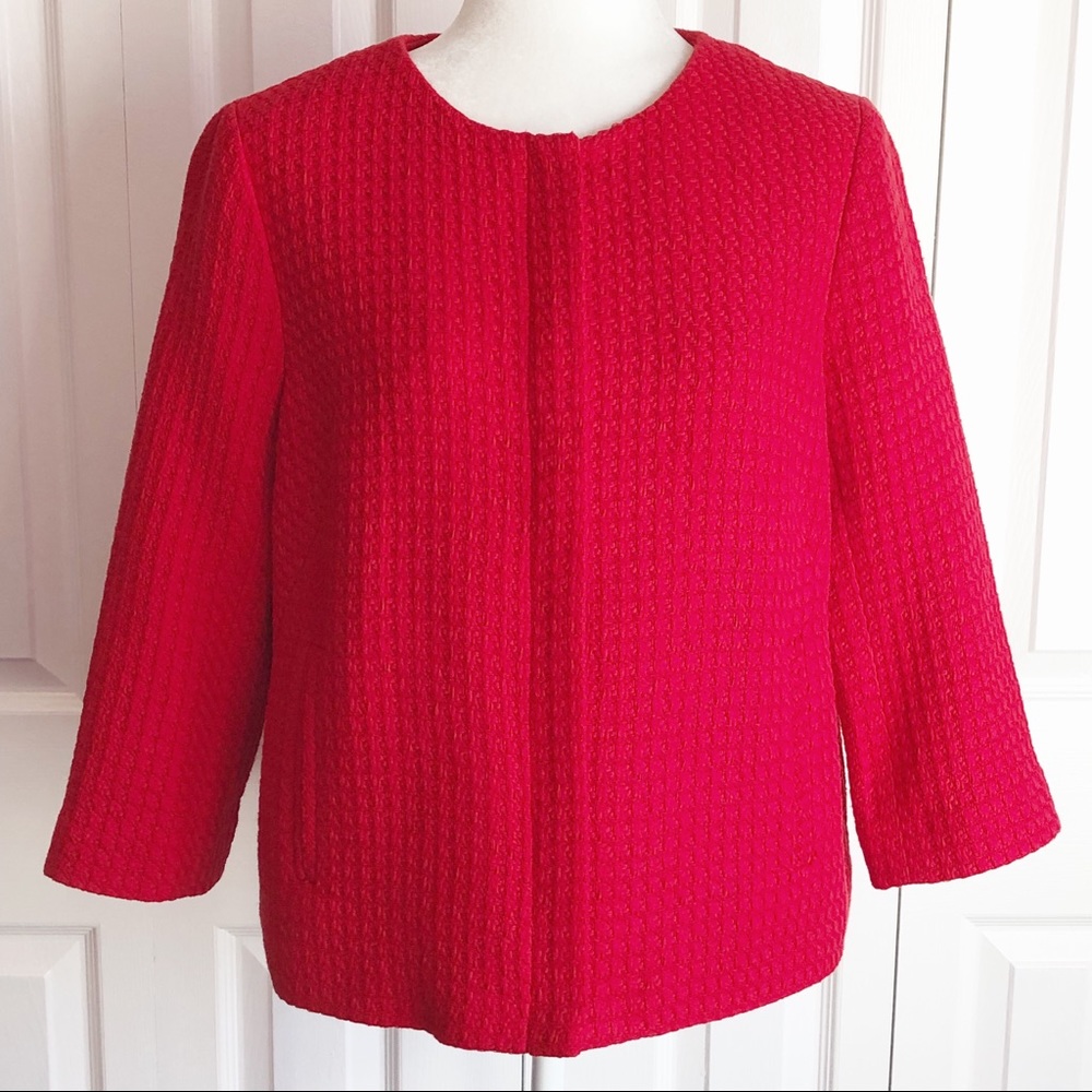 Talbots Red Cotton Waffle Knit 3/4 Sleeve Zip Jacket w/ Pockets 8